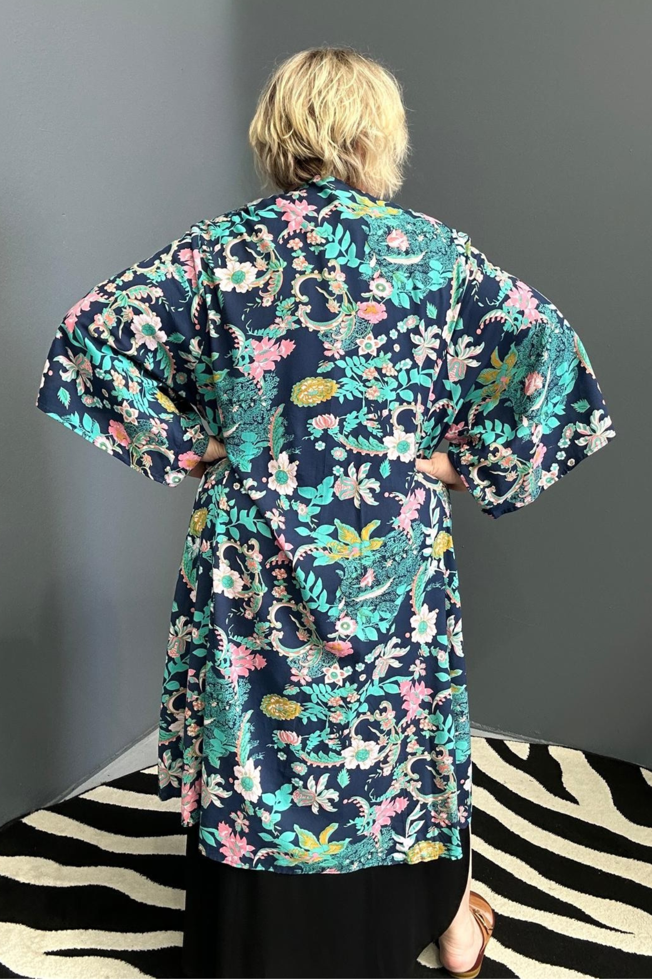 'ASAMI' Kimono Duster - Navy Teal Floral