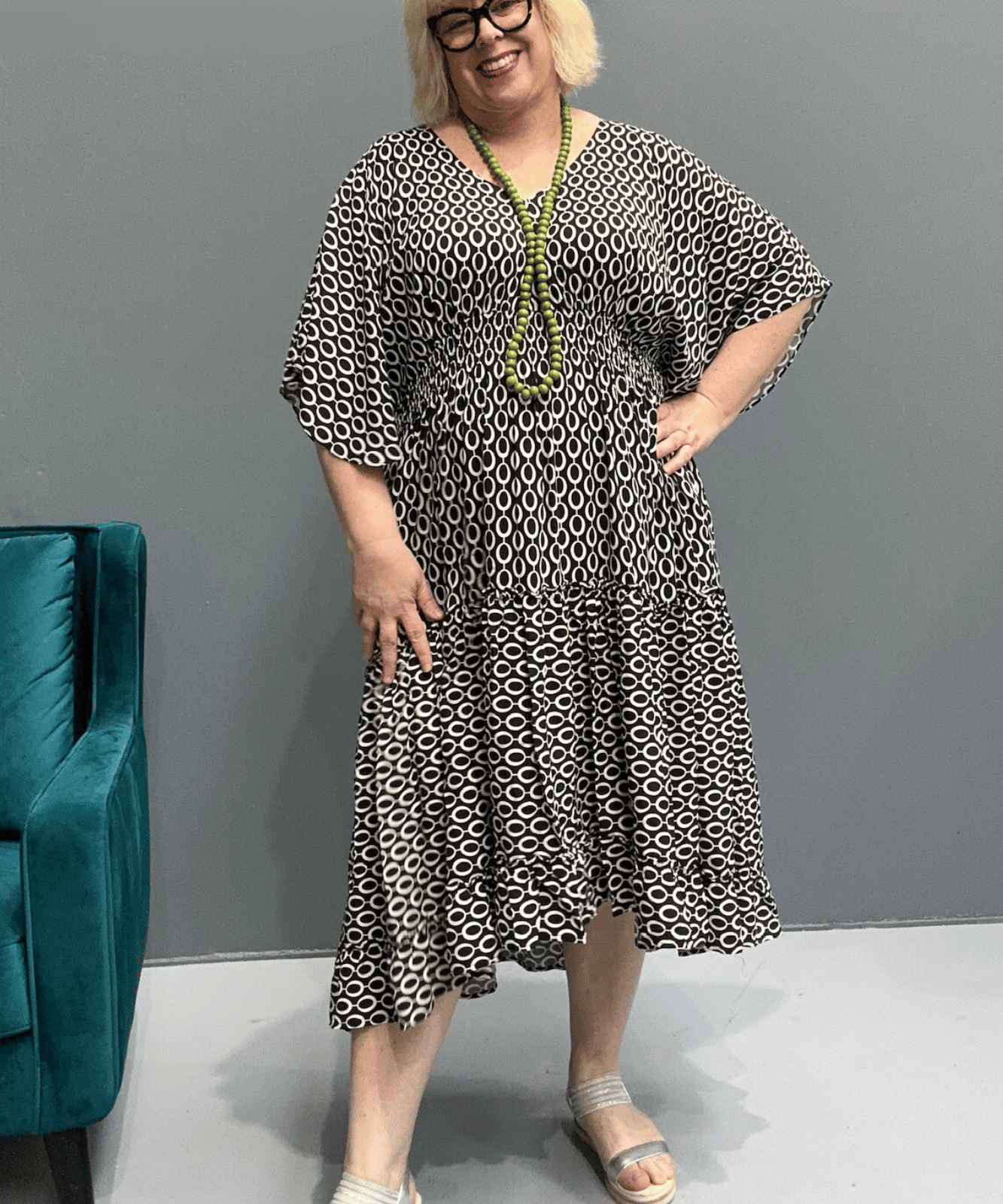 Floaty tiered dress perfect for plus size women, featuring shirring for comfort and a flattering shape, ideal for casual outings or dressing up.