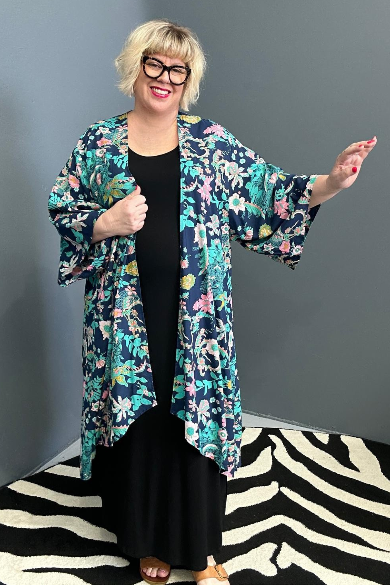 'ASAMI' Kimono Duster - Navy Teal Floral