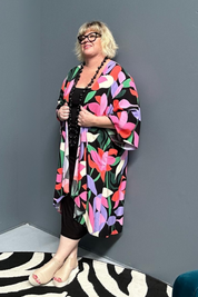 'ASAMI' Kimono Duster - Black/Pink Lily