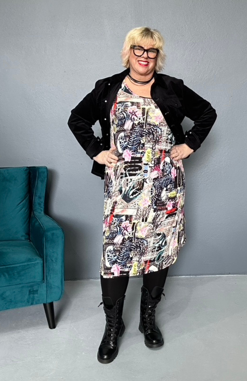 Plus size 'ALANA' T-Shirt dress in vintage poster print, featuring lightweight fabric for comfort and style, perfect for everyday wear.