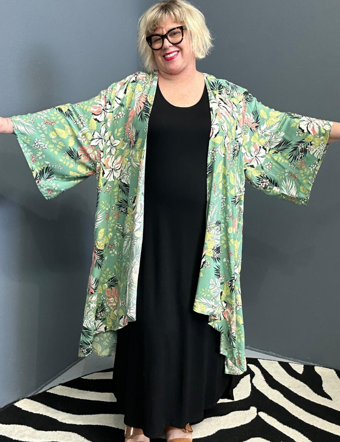 kimono duster in a vibrant Green Hibiscus print