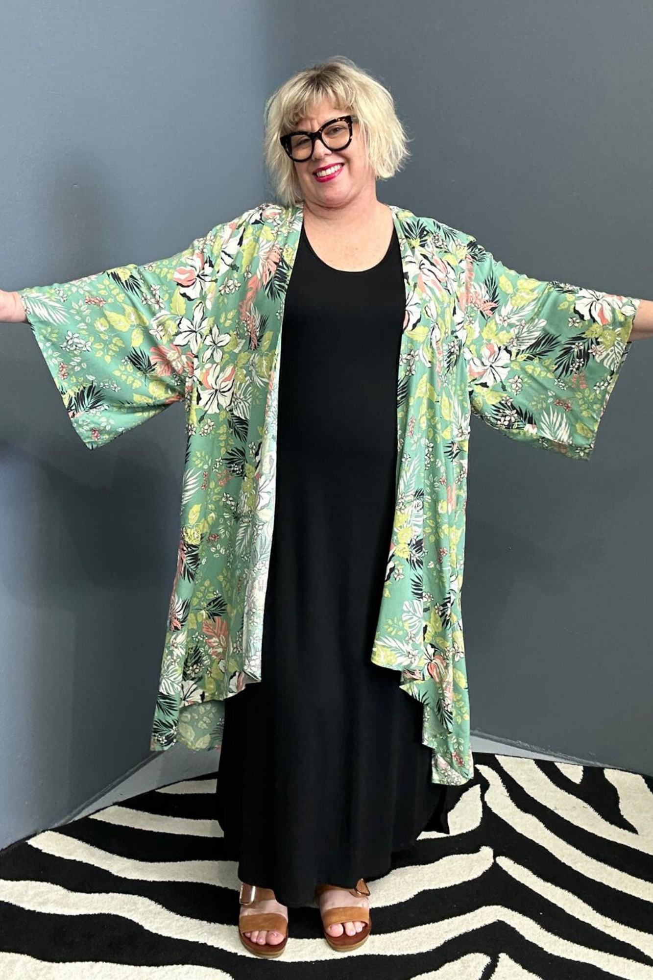 kimono duster in a vibrant Green Hibiscus print