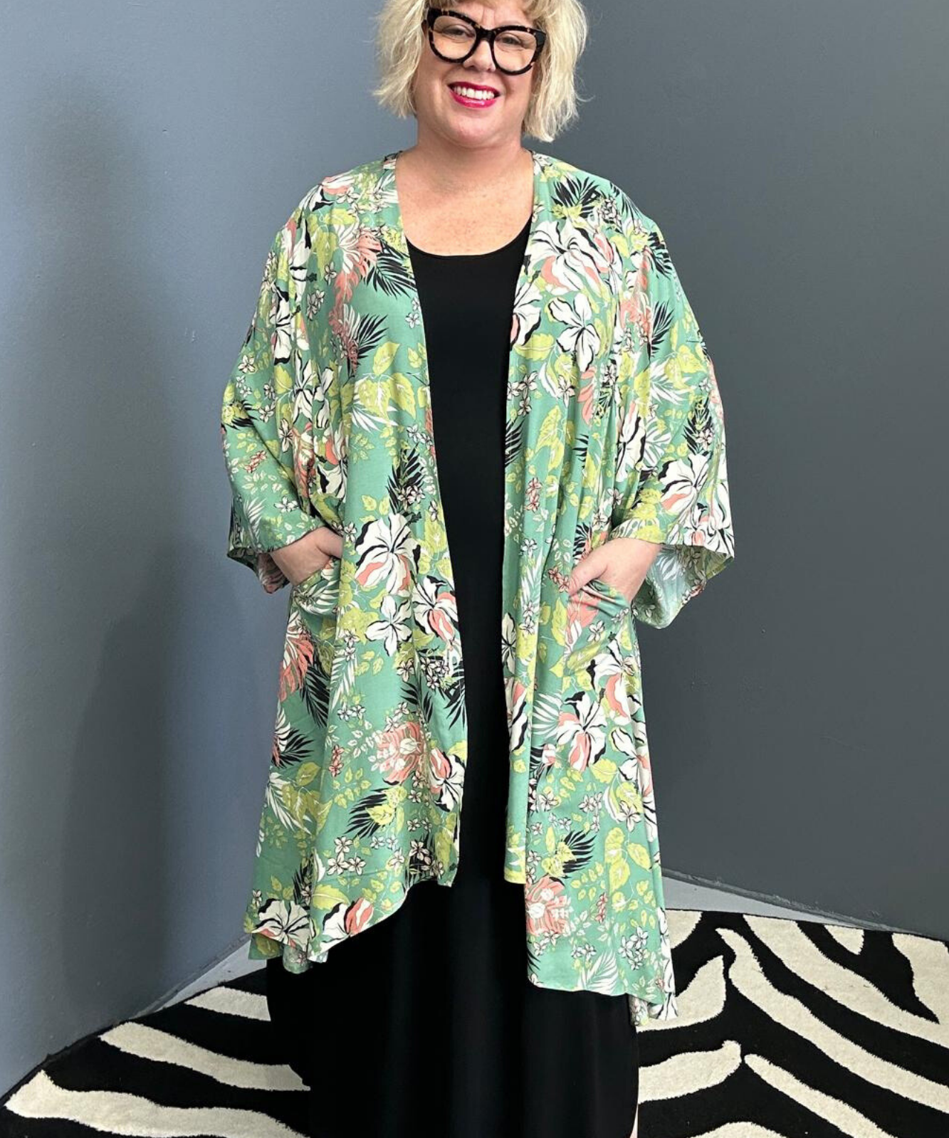 kimono duster in a vibrant Green Hibiscus print