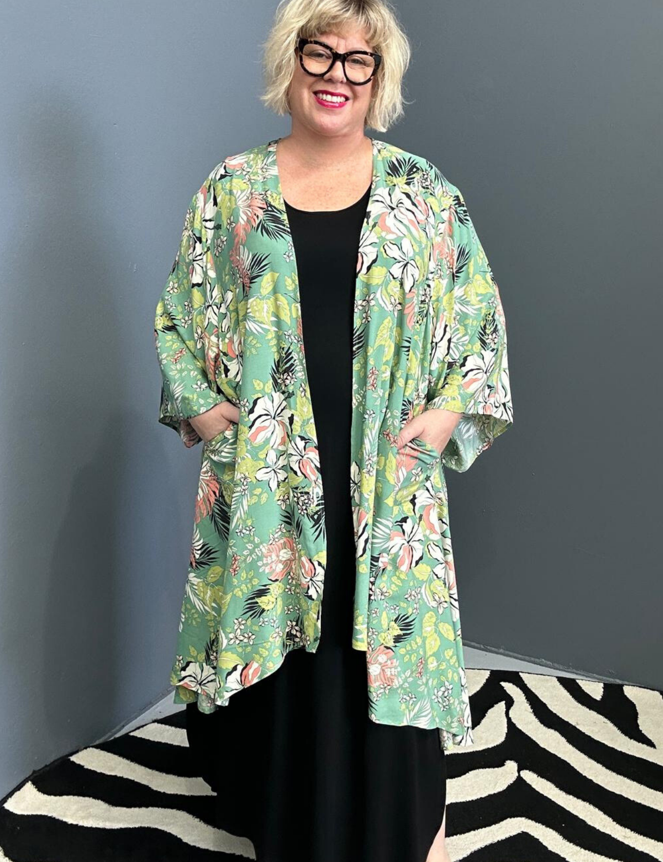 kimono duster in a vibrant Green Hibiscus print