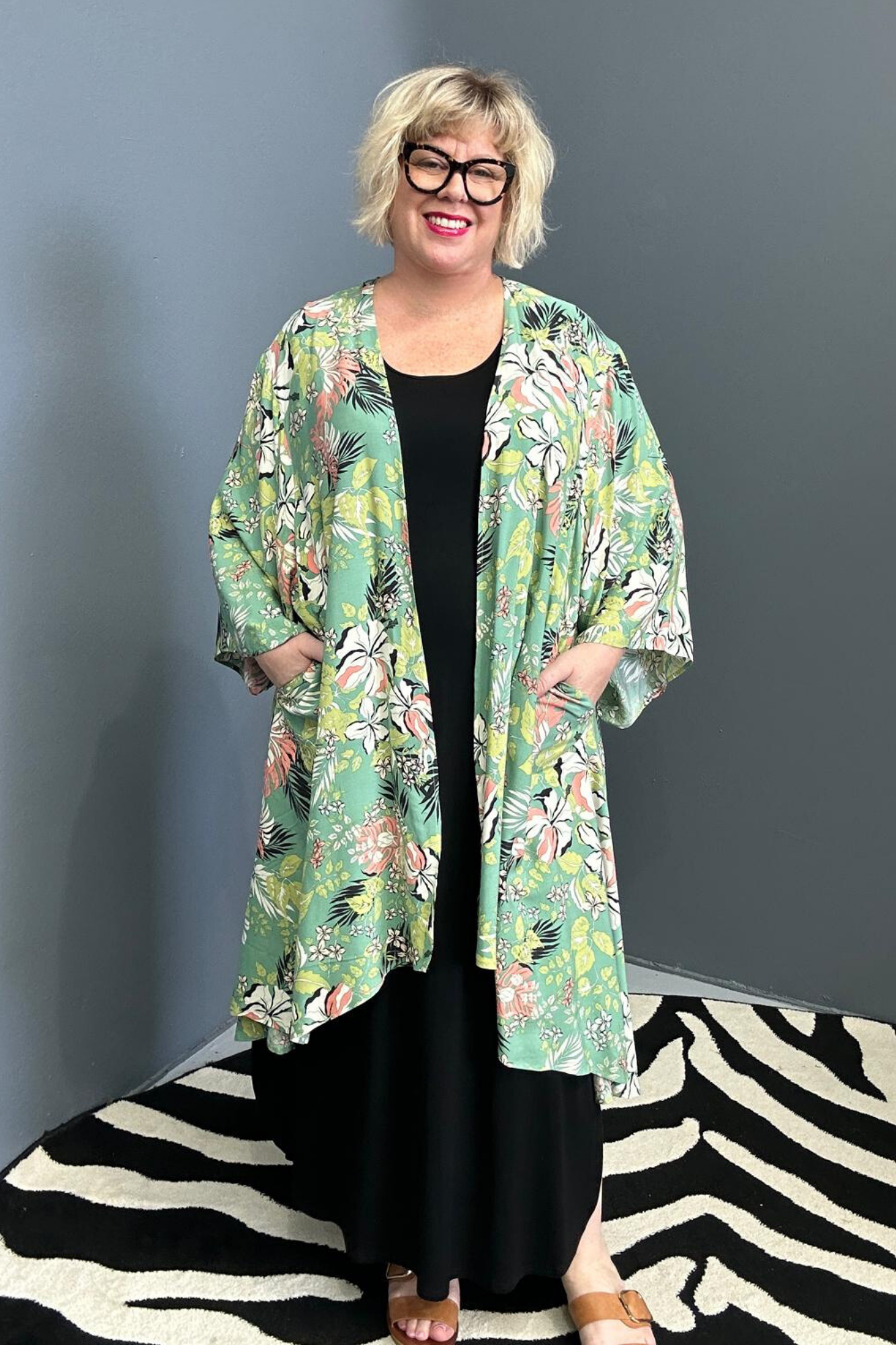 kimono duster in a vibrant Green Hibiscus print