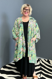 kimono duster in a vibrant Green Hibiscus print