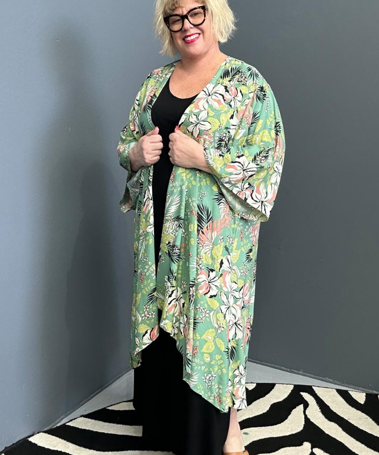 kimono duster in a vibrant Green Hibiscus print