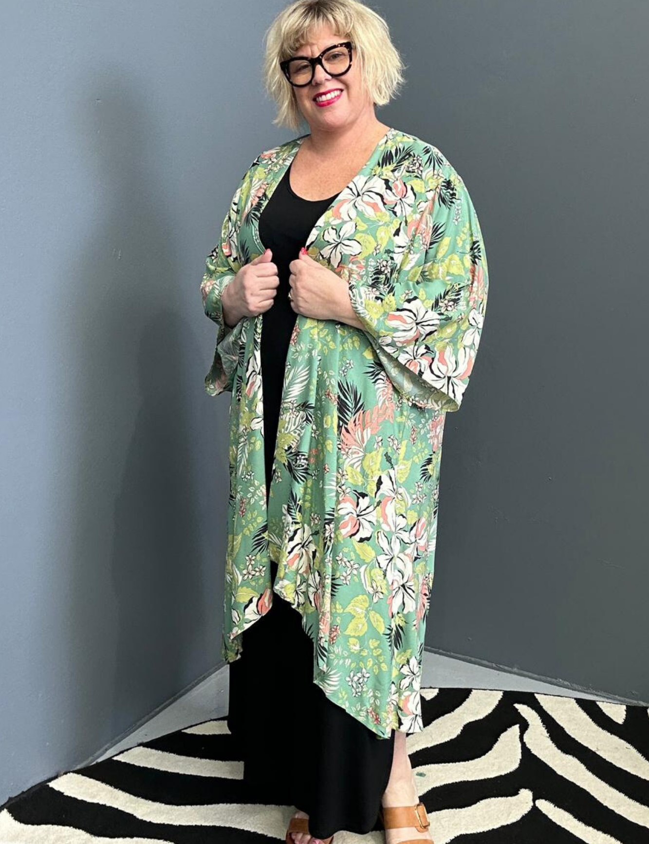 kimono duster in a vibrant Green Hibiscus print