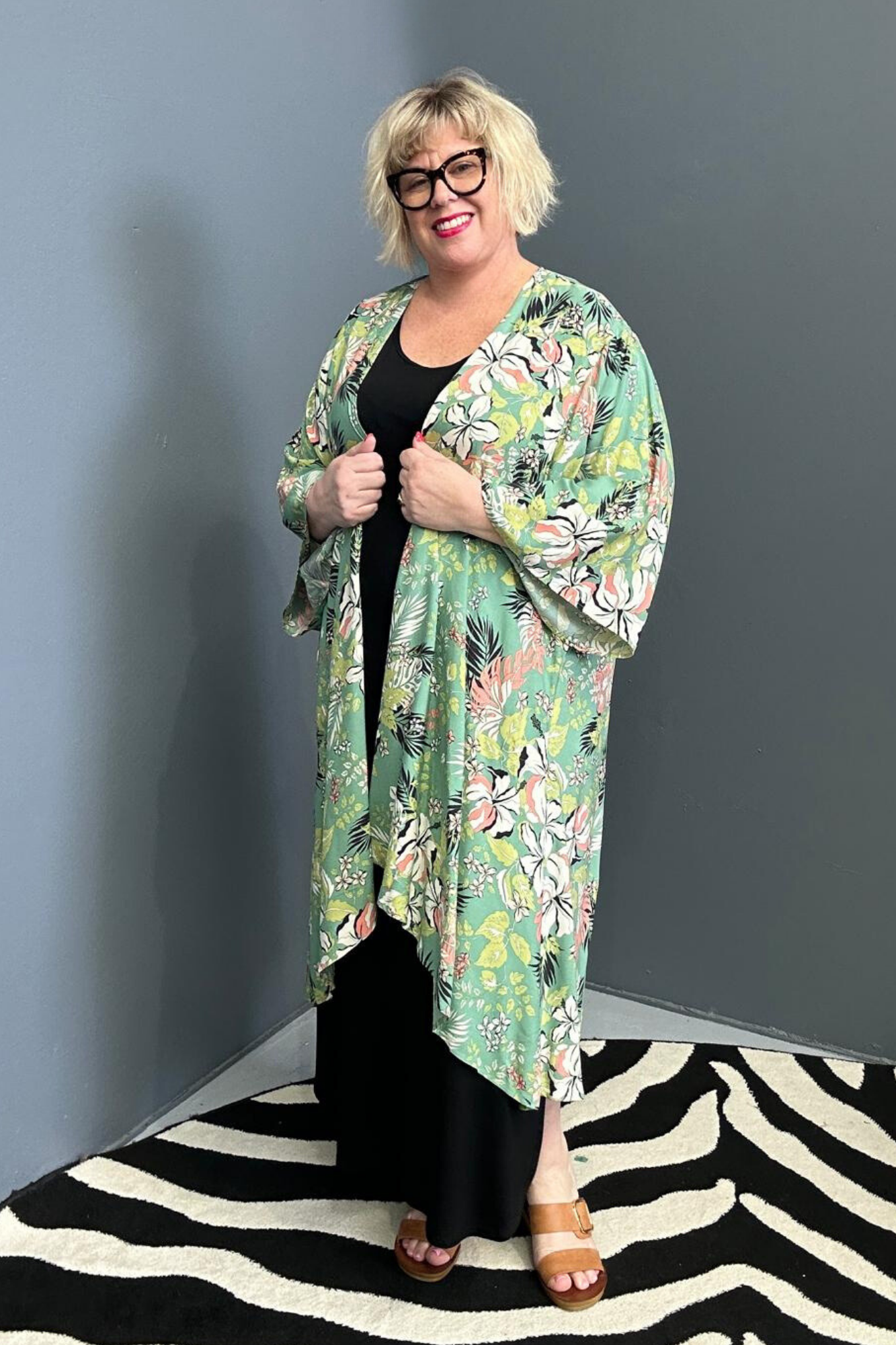 kimono duster in a vibrant Green Hibiscus print