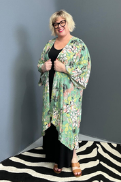 kimono duster in a vibrant Green Hibiscus print