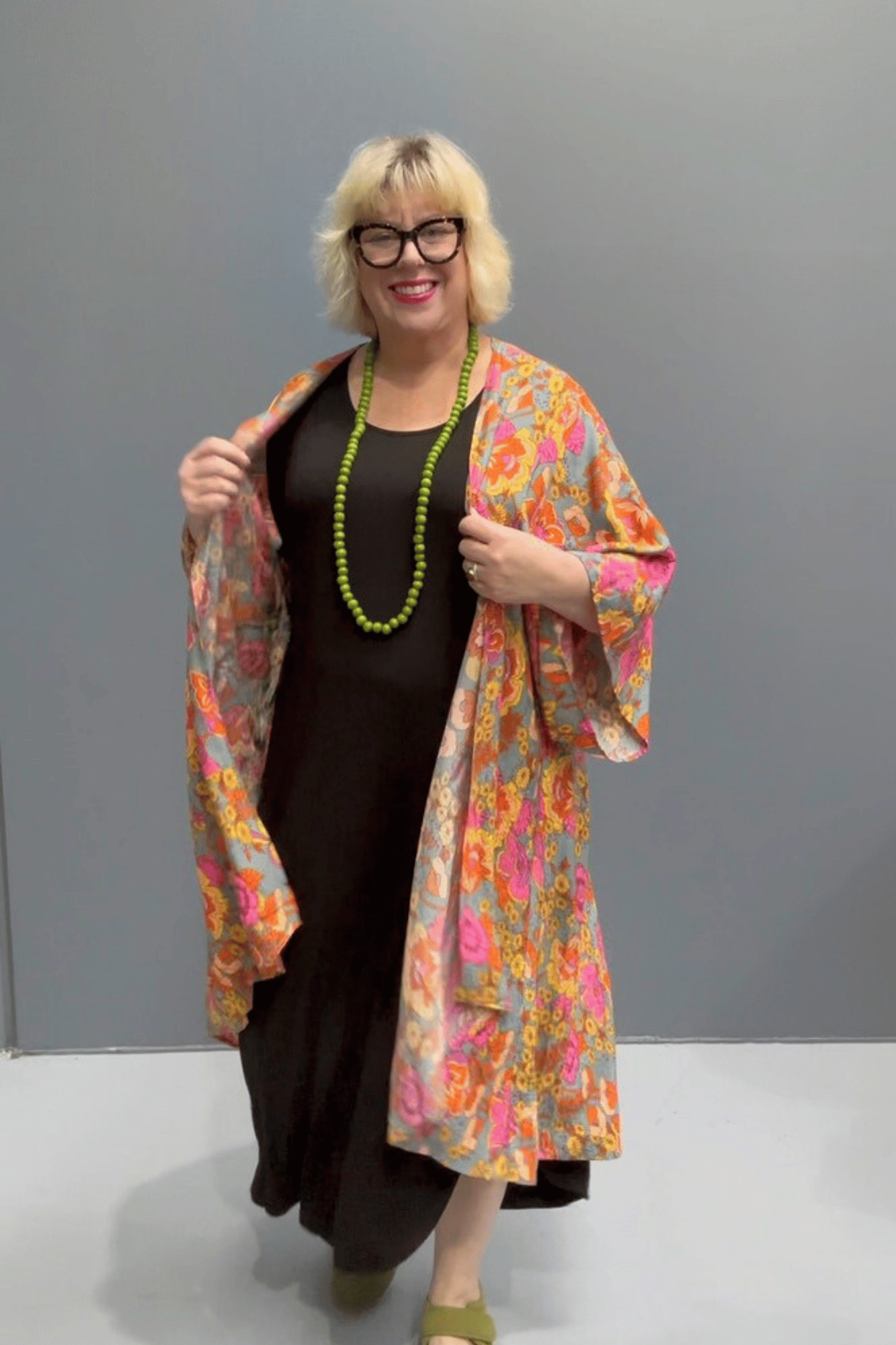 Flowy kimono duster with a soft Sage Garden print.