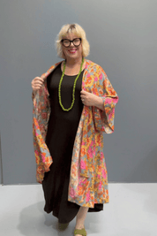 Flowy kimono duster with a soft Sage Garden print.
