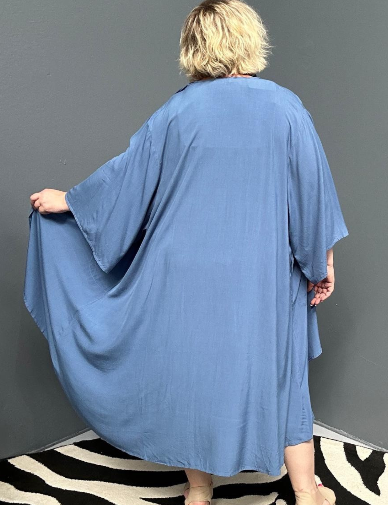 Flowy kimono duster in a soft Steel Blue hue.