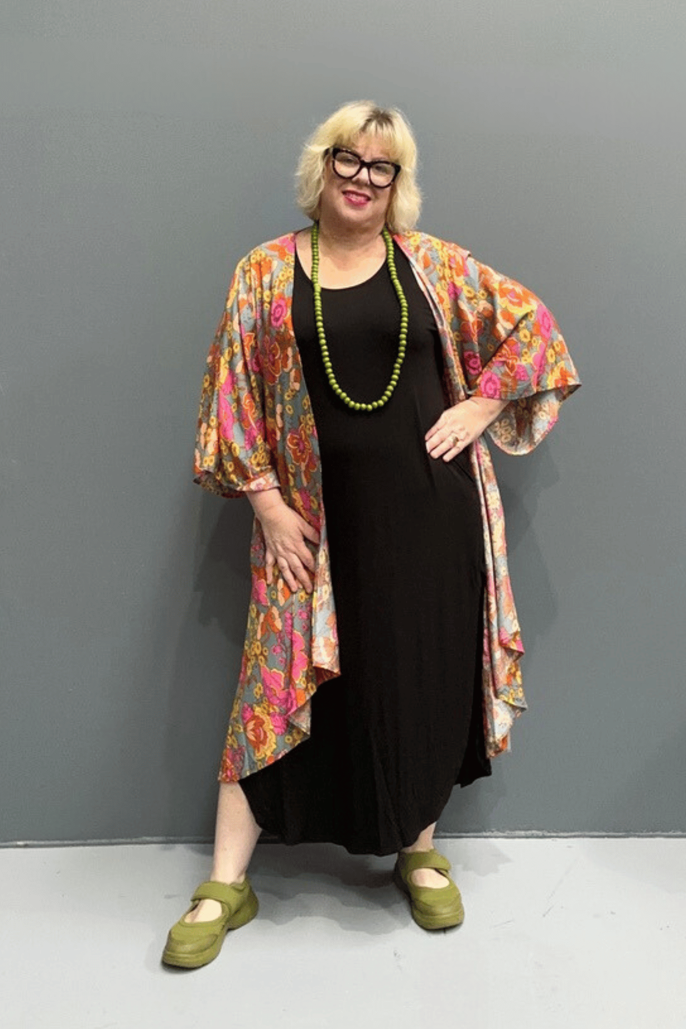 Flowy kimono duster with a soft Sage Garden print.