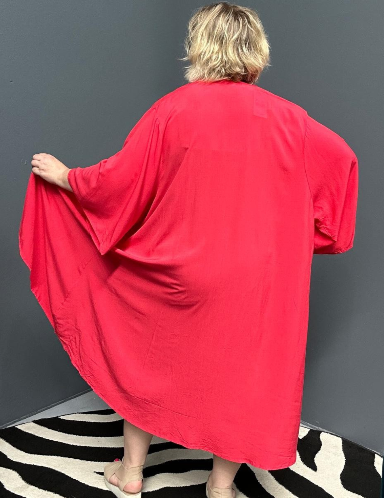 Flowy kimono duster in a fresh watermelon hue.