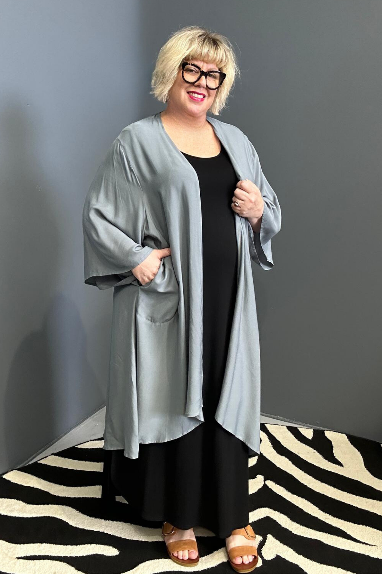 Flowy kimono duster in a calming sage hue.