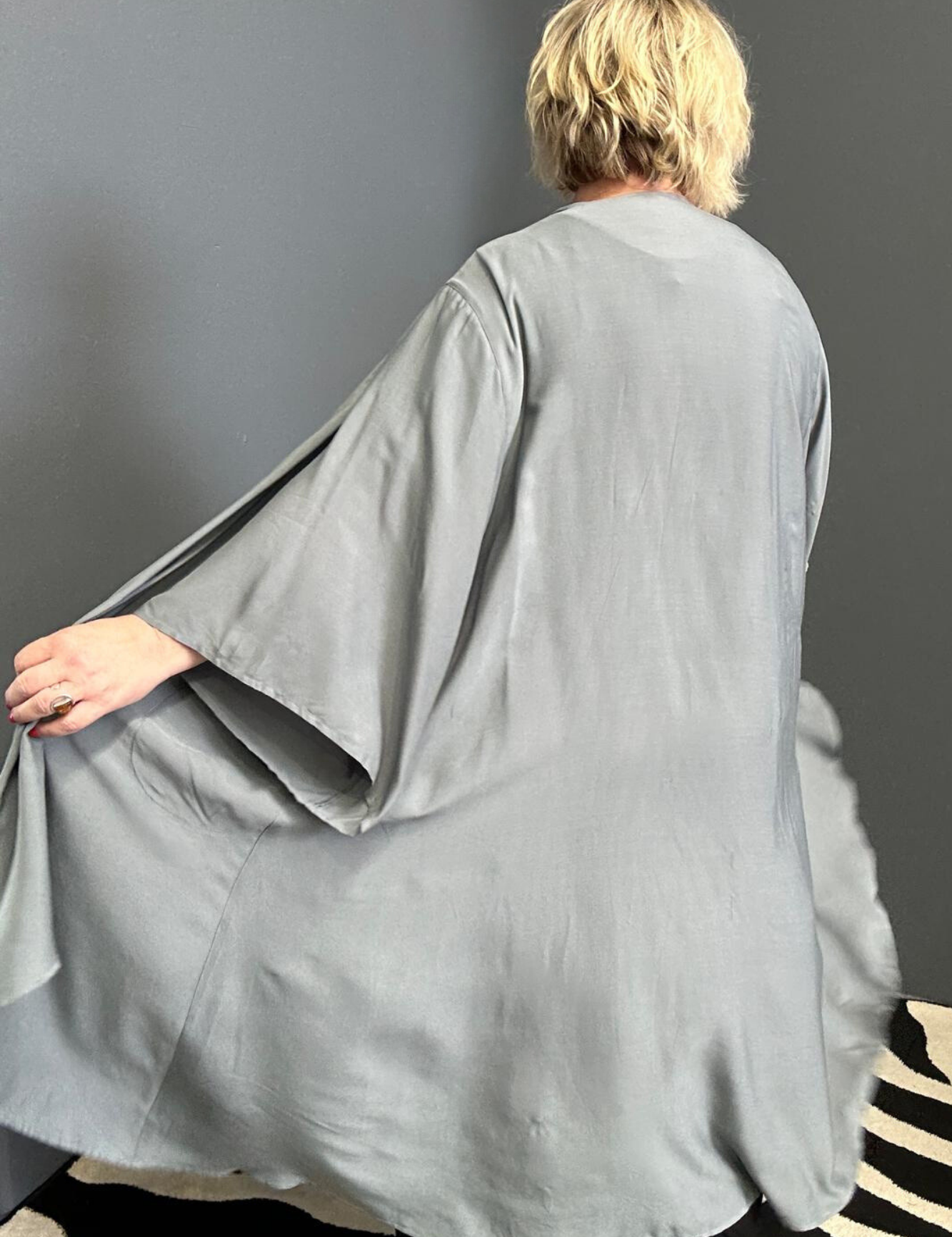 Flowy kimono duster in a calming sage hue.