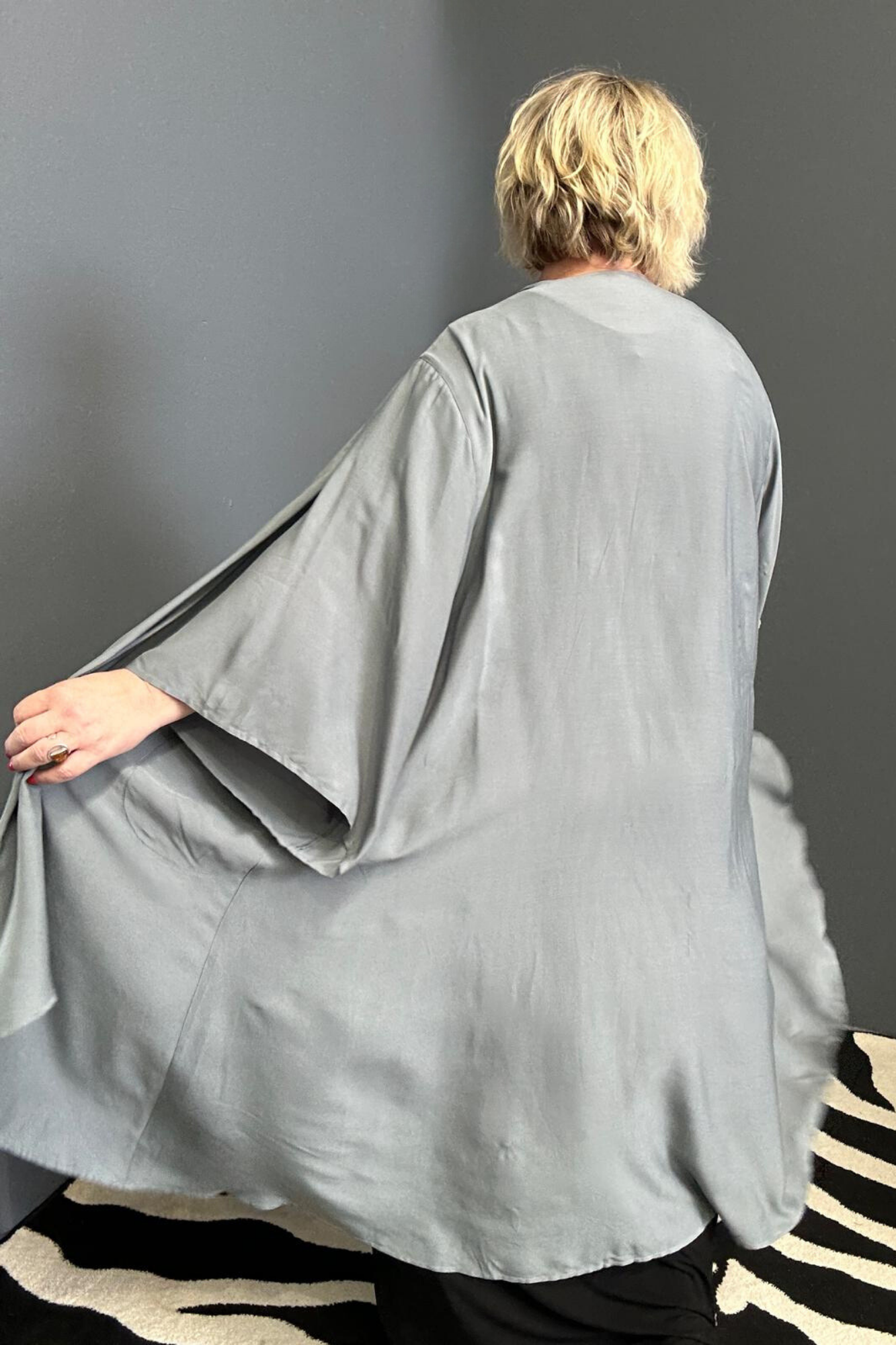 Flowy kimono duster in a calming sage hue.
