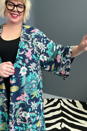 Asami kimono duster - navy floral print detail