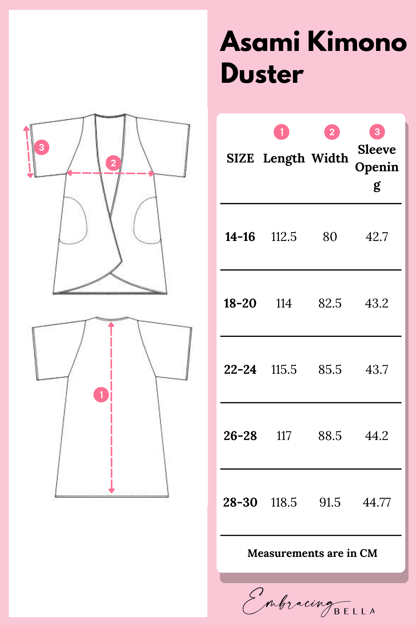 kimono duster size chart