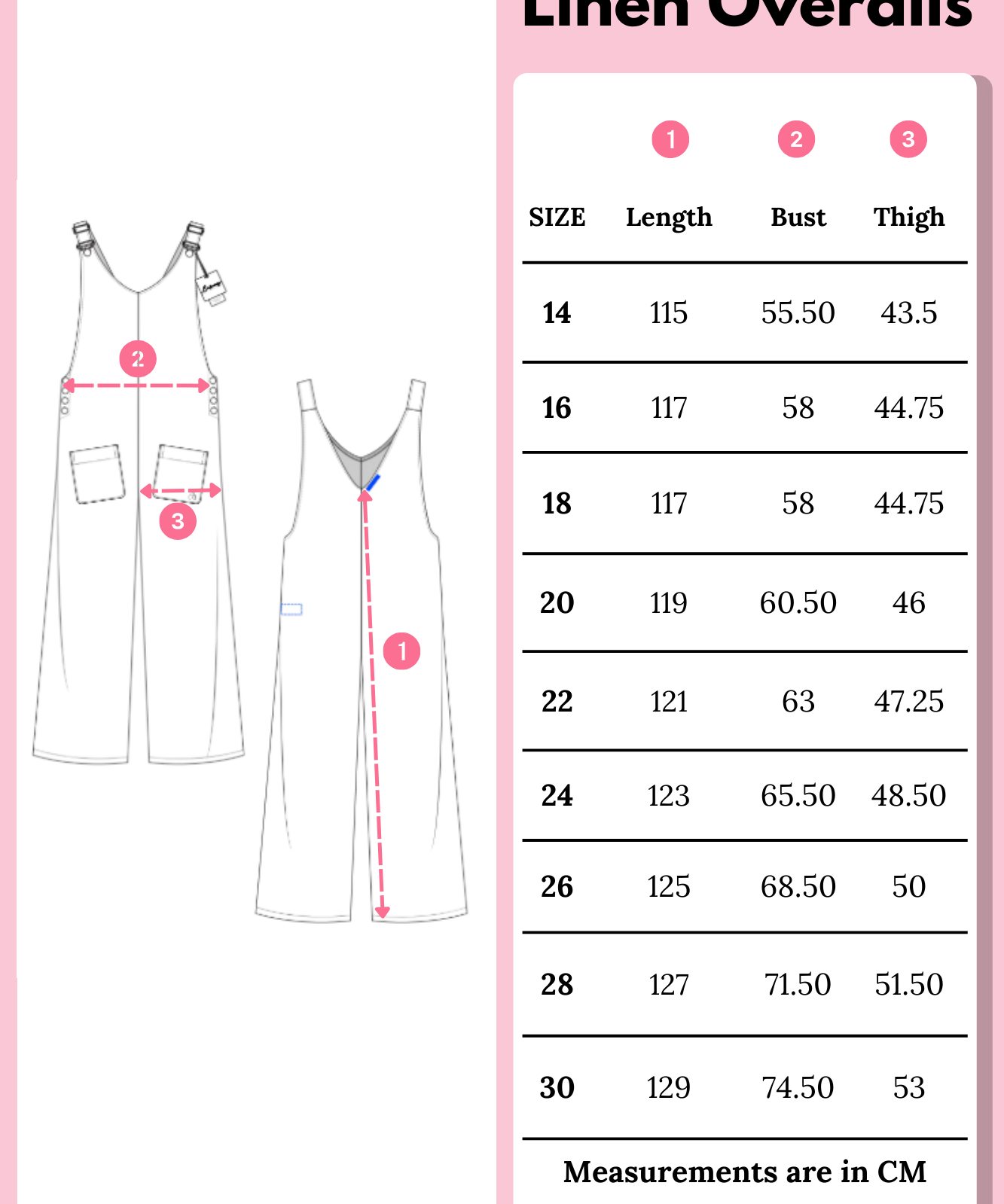Billie Linen Overalls Size Chart
