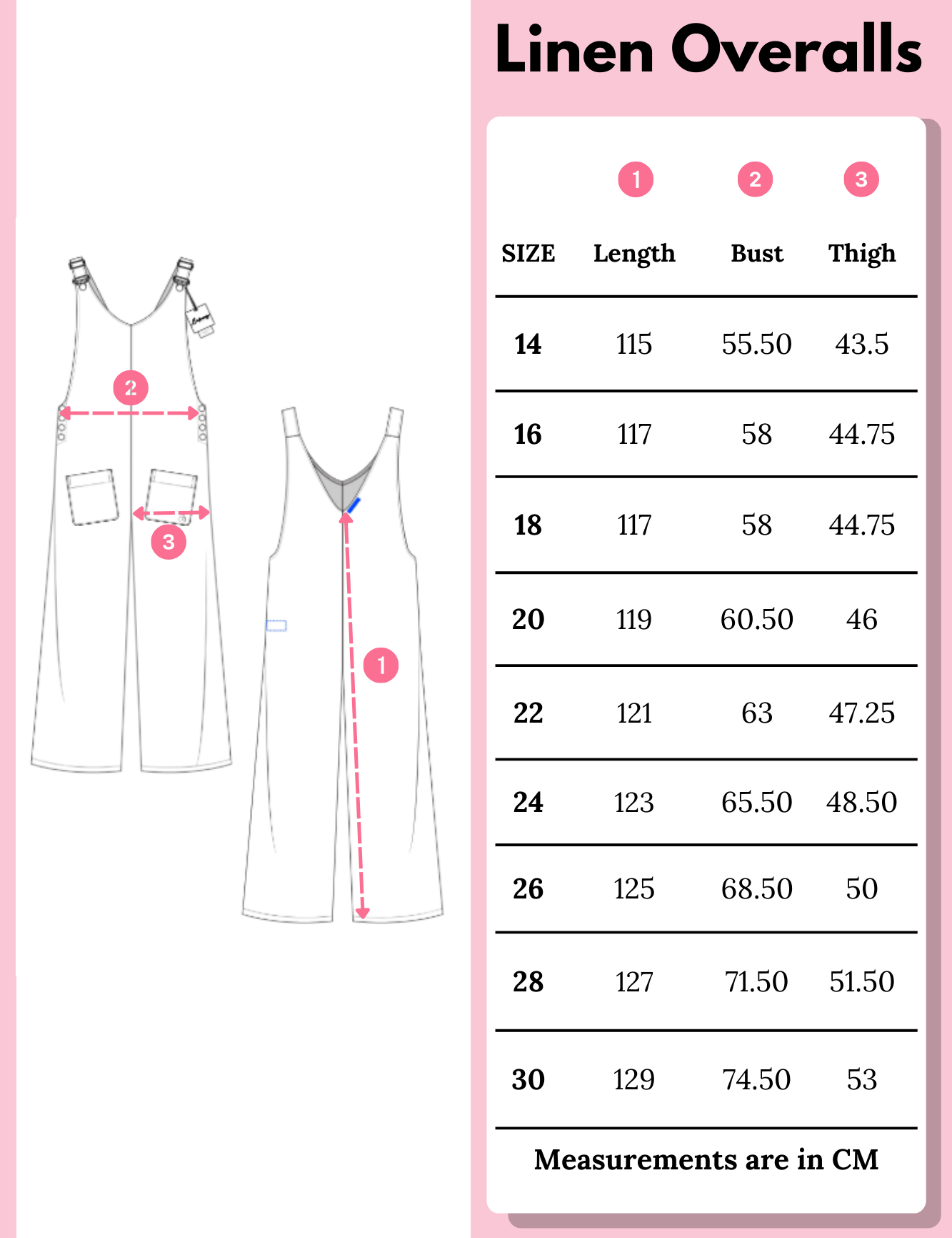 Billie Linen Overalls Size Chart