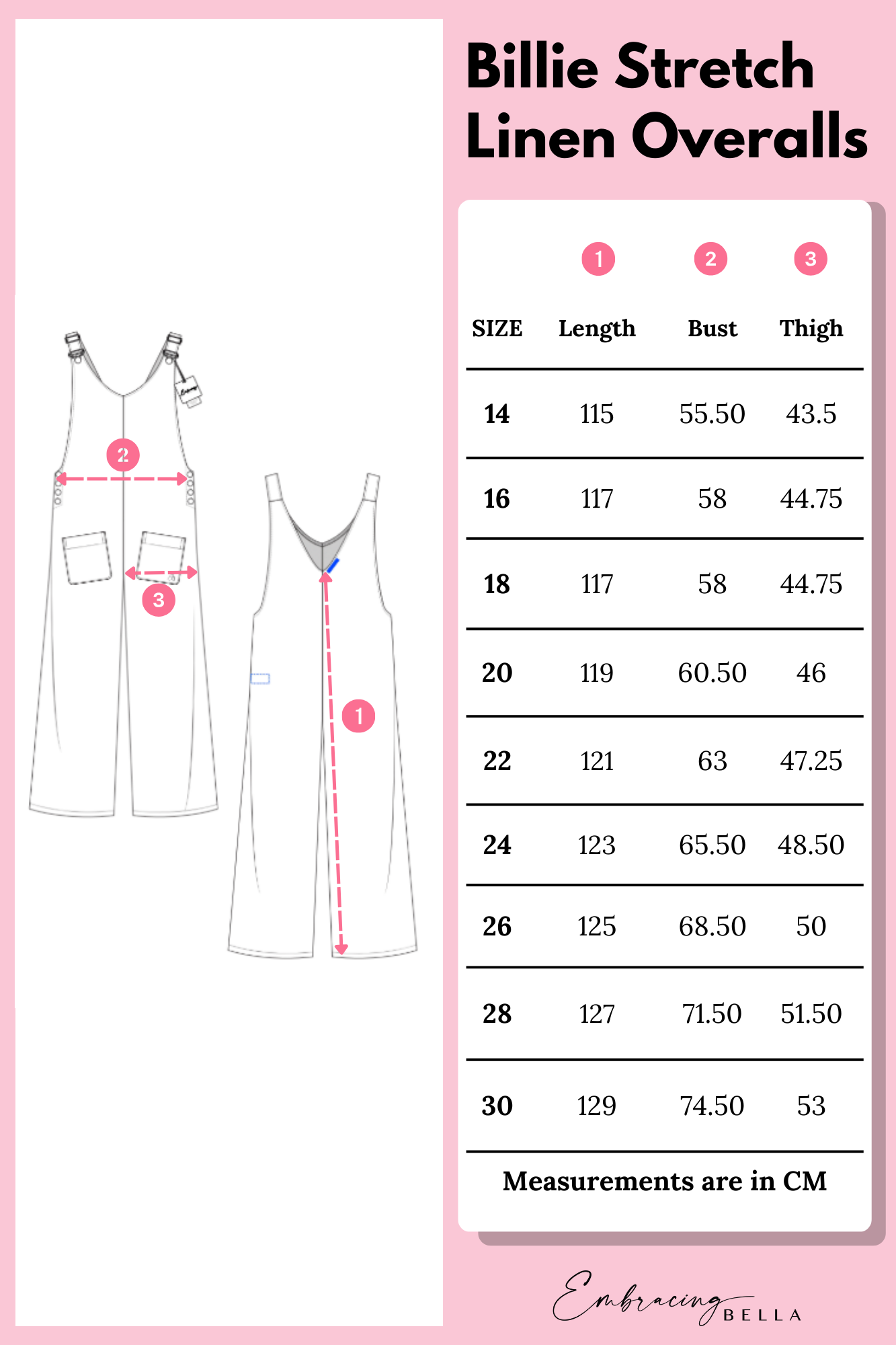 Billie Linen Overalls Size Chart