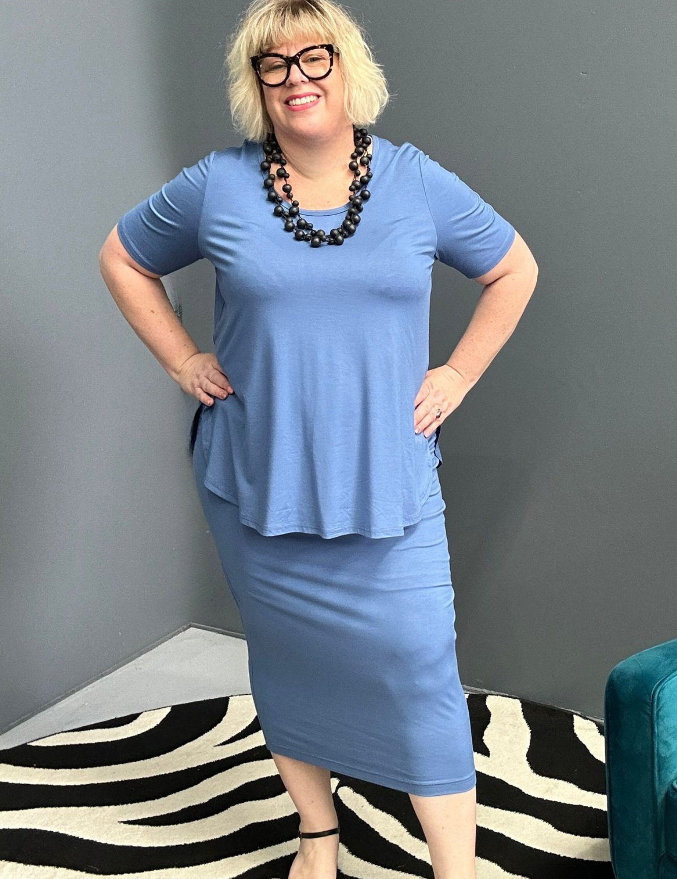 Plus-size French blue bamboo tube skirt with a soft, stretchy fit.