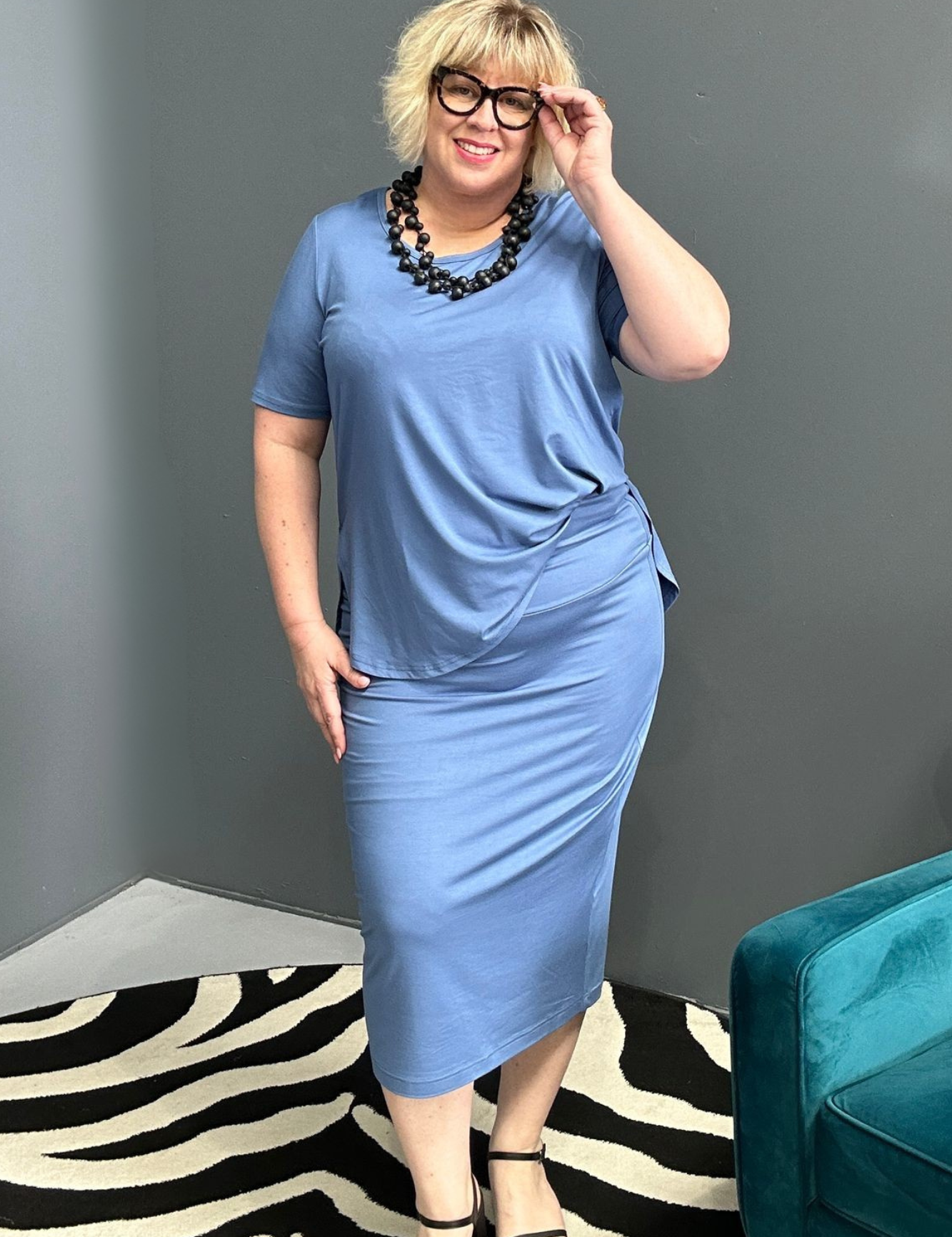 Plus-size French blue bamboo tube skirt with a soft, stretchy fit.