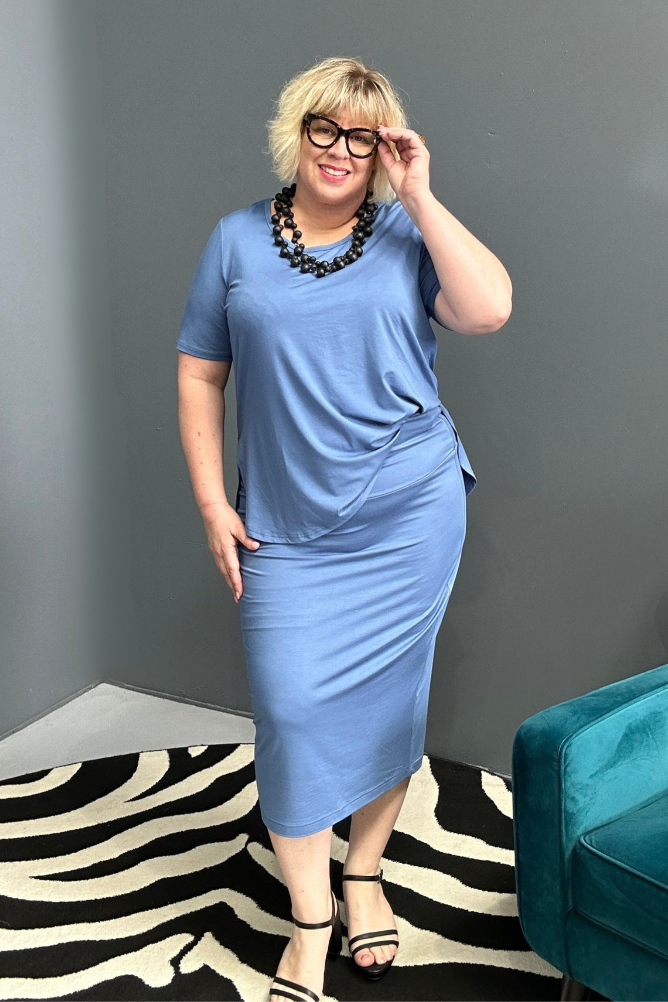 Plus-size French blue bamboo tube skirt with a soft, stretchy fit.