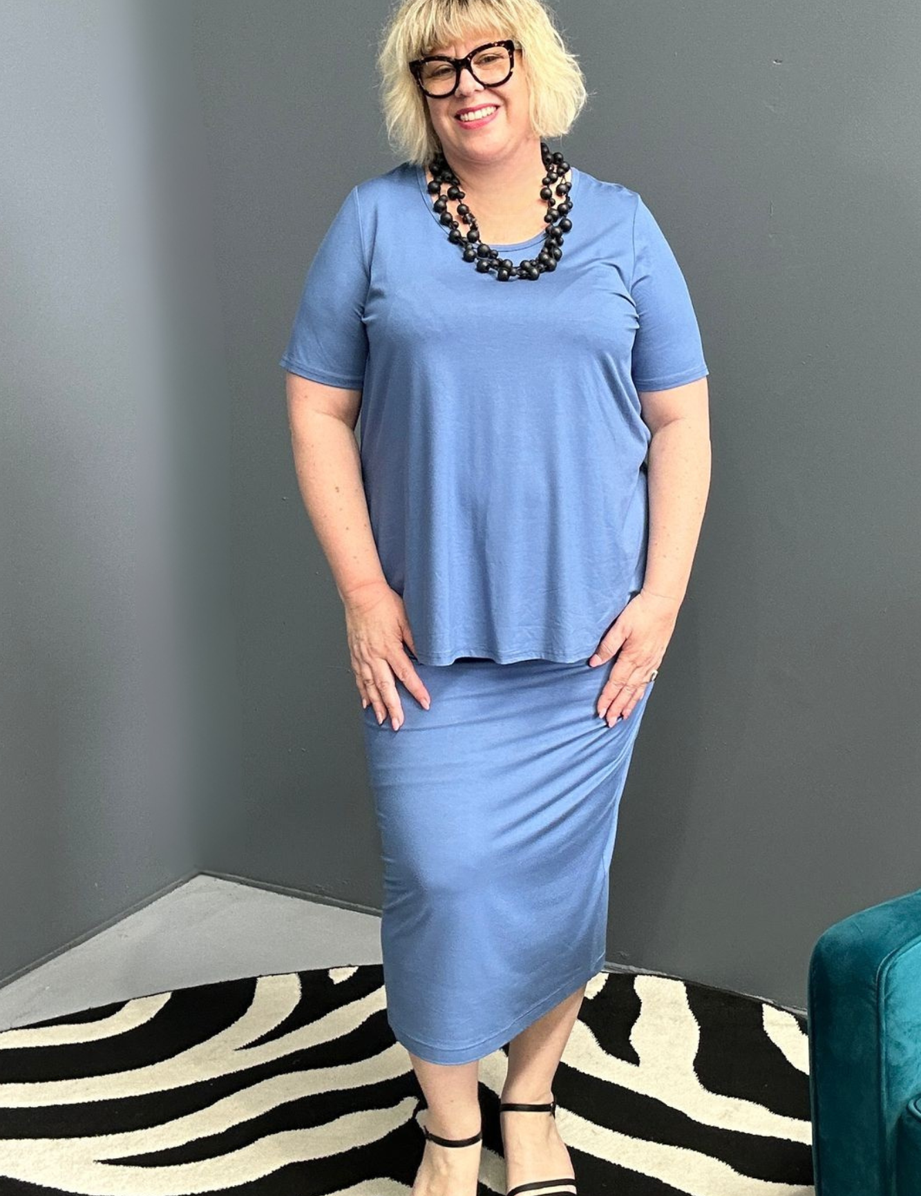 Plus-size French blue bamboo tube skirt with a soft, stretchy fit.