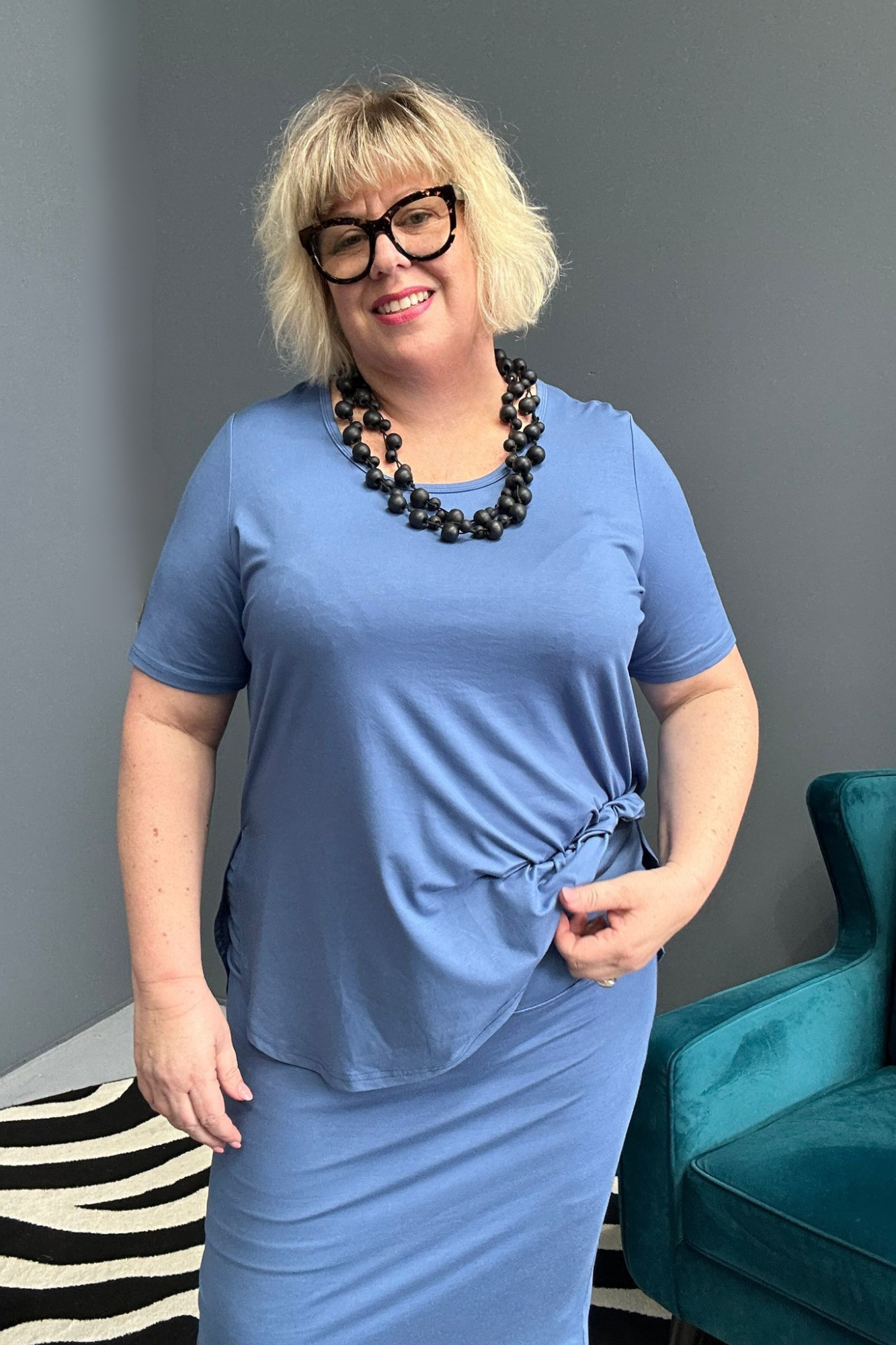 Plus-size French blue bamboo skirt with a soft, stretchy fit.