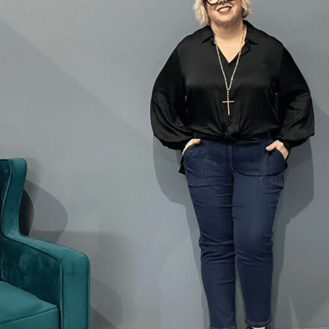 Slim-leg, high-waisted STELLA jeans for plus size women.