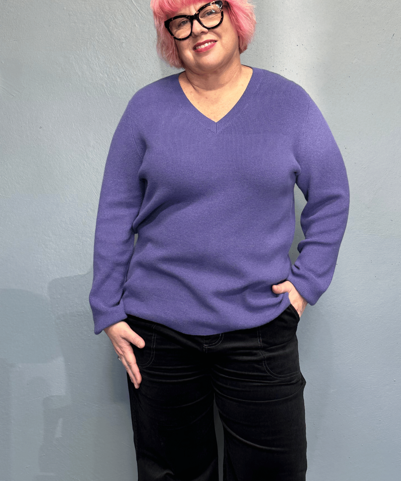 'JOSIE' amethyst knit jumper, soft and lightweight, enhances curves, pairs well with skirts or jeans, ideal for plus size women.