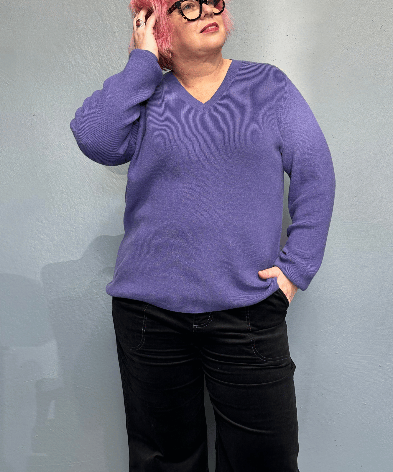 'JOSIE' amethyst knit jumper, soft and lightweight, enhances curves, pairs well with skirts or jeans, ideal for plus size women.