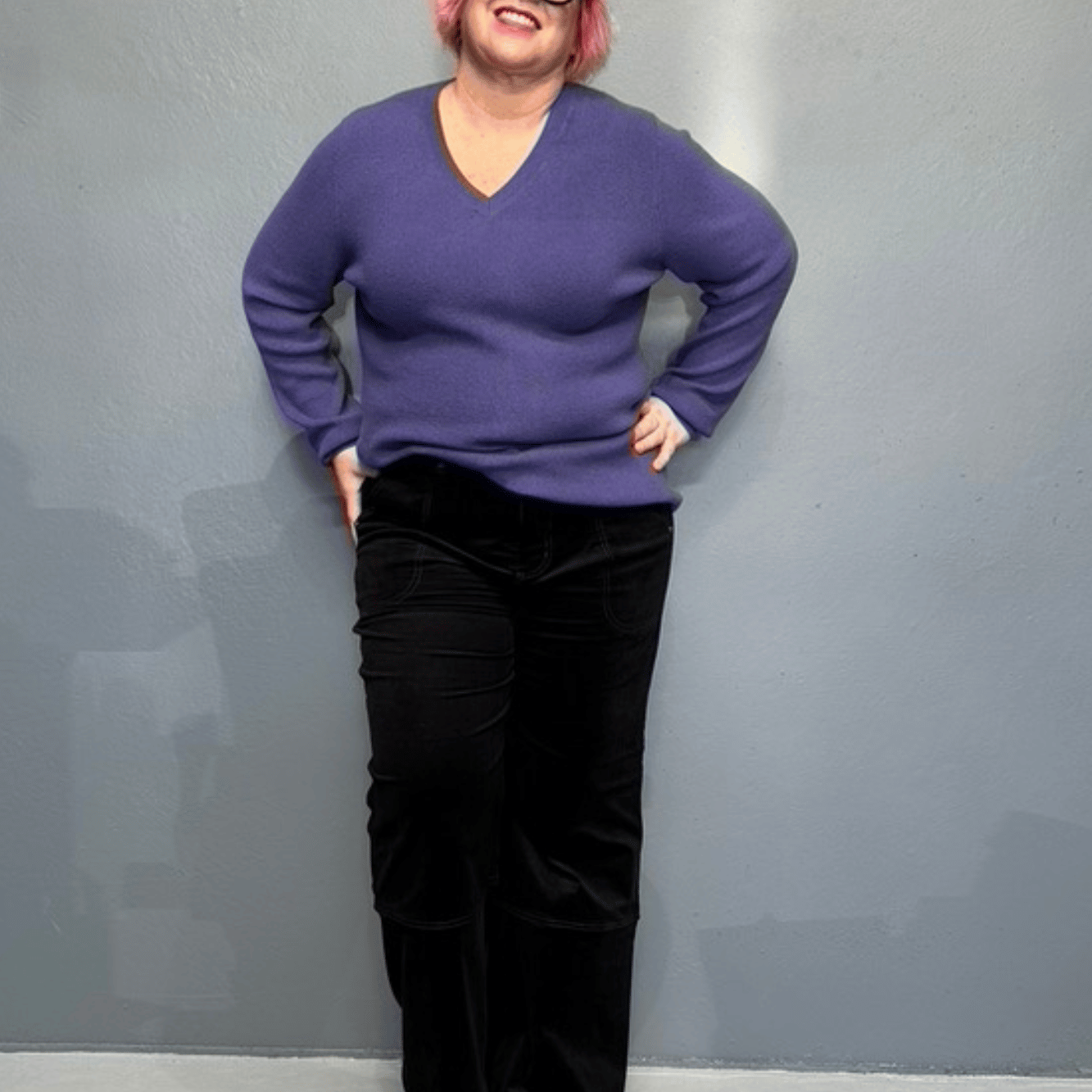 'JOSIE' amethyst knit jumper, soft and lightweight, enhances curves, pairs well with skirts or jeans, ideal for plus size women.