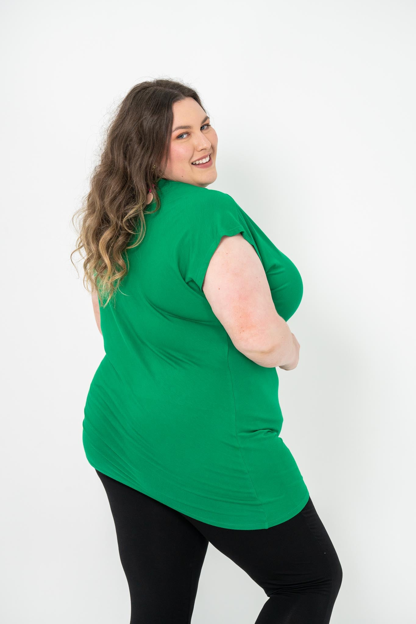 'Jazz' Asymmetric Top in plus size, featuring a flattering hem, ideal for casual or dressy occasions, pairs well with jeans, skirts, or leggings.