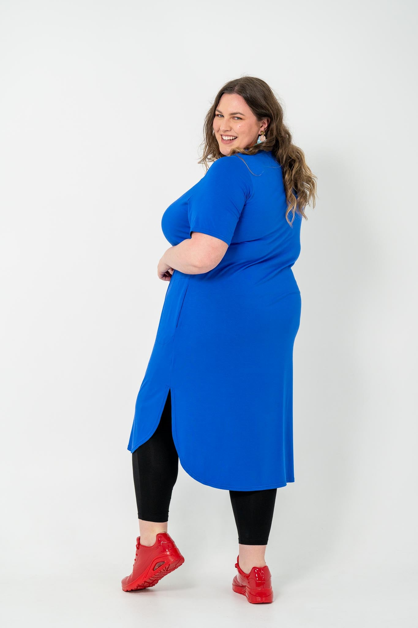 Plus size 'ALANA' T-Shirt dress in cobalt blue, perfect for any season and suitable for casual day or night wear, layered with kimonos or an 'AVA' black cord jacket.