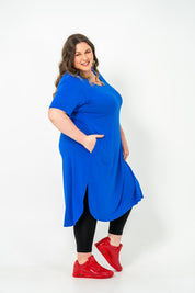 Plus size 'ALANA' T-Shirt dress in cobalt blue, perfect for any season and suitable for casual day or night wear, layered with kimonos or an 'AVA' black cord jacket.