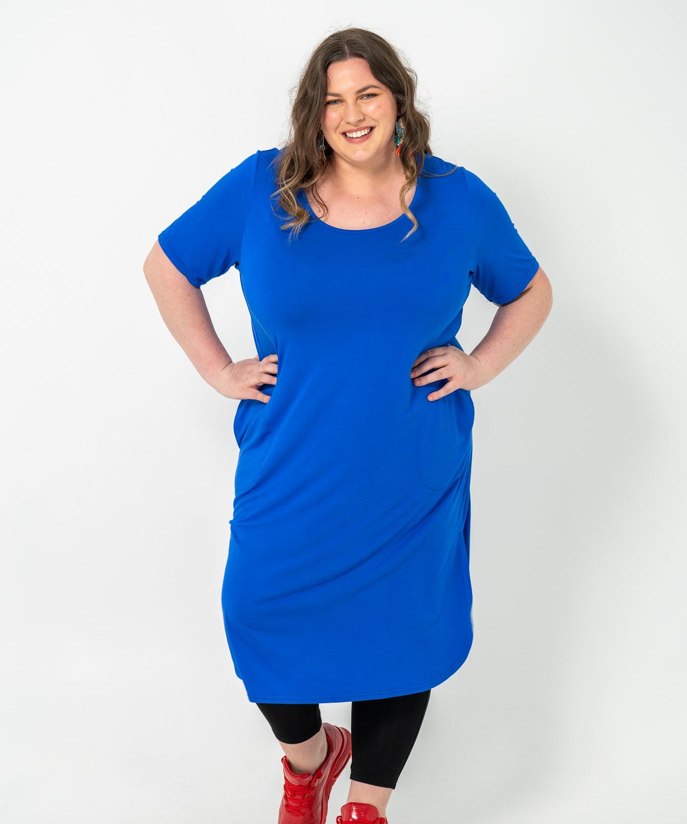 Plus size 'ALANA' T-Shirt dress in cobalt blue, perfect for any season and suitable for casual day or night wear, layered with kimonos or an 'AVA' black cord jacket.