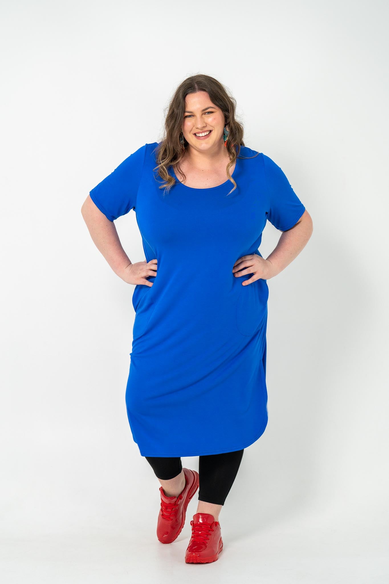 Plus size 'ALANA' T-Shirt dress in cobalt blue, perfect for any season and suitable for casual day or night wear, layered with kimonos or an 'AVA' black cord jacket.