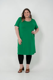 Plus size 'Alana' T-shirt dress in green, featuring a lightweight and breathable design for everyday comfort and classic style.