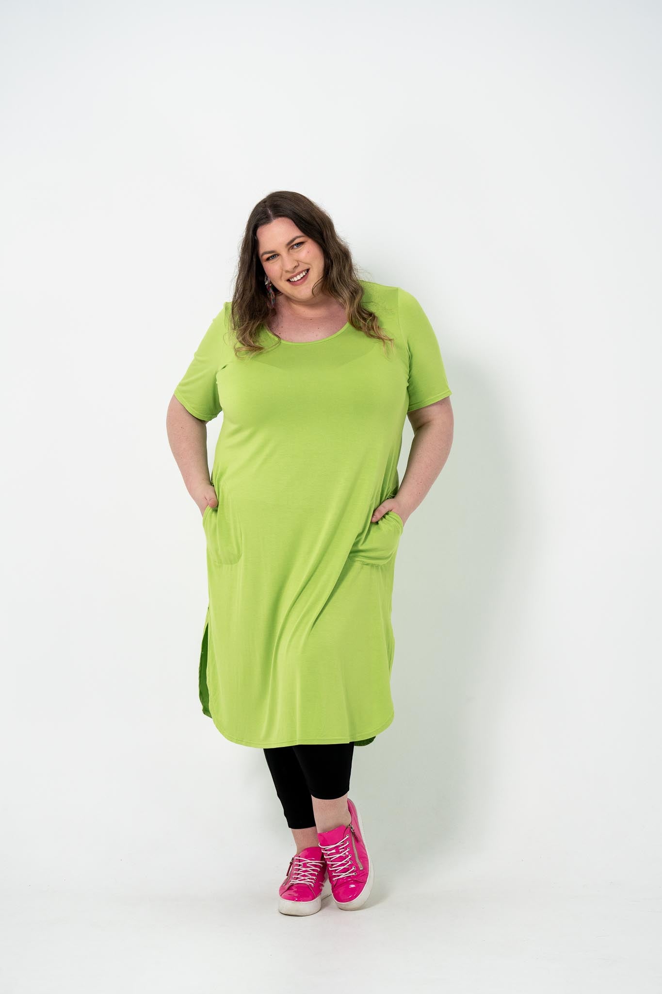 Plus size 'Alana' T-Shirt Dress in bright lime, featuring a classic cut and lightweight design.