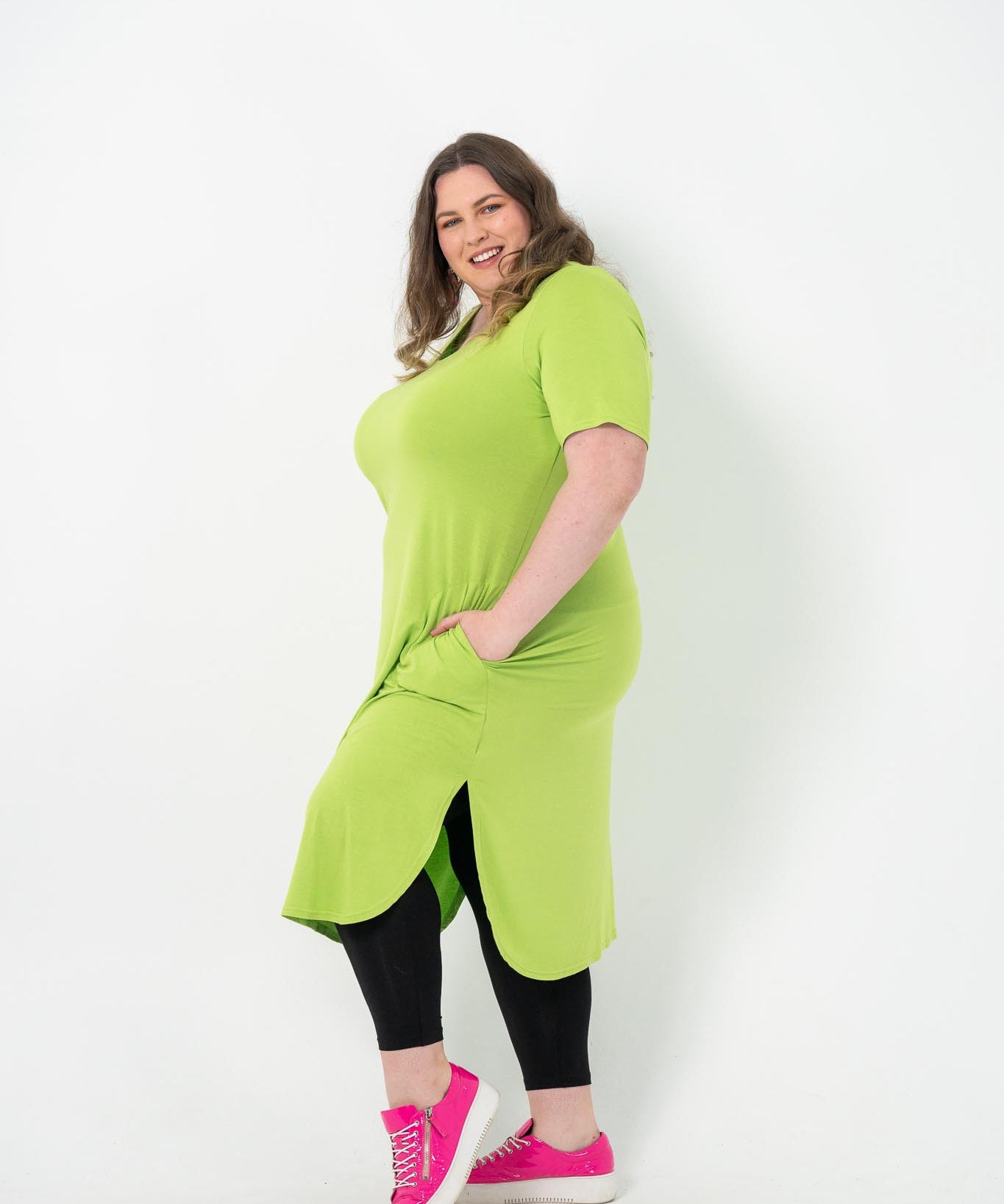 Plus size 'Alana' T-Shirt Dress in bright lime, featuring a classic cut and lightweight design.