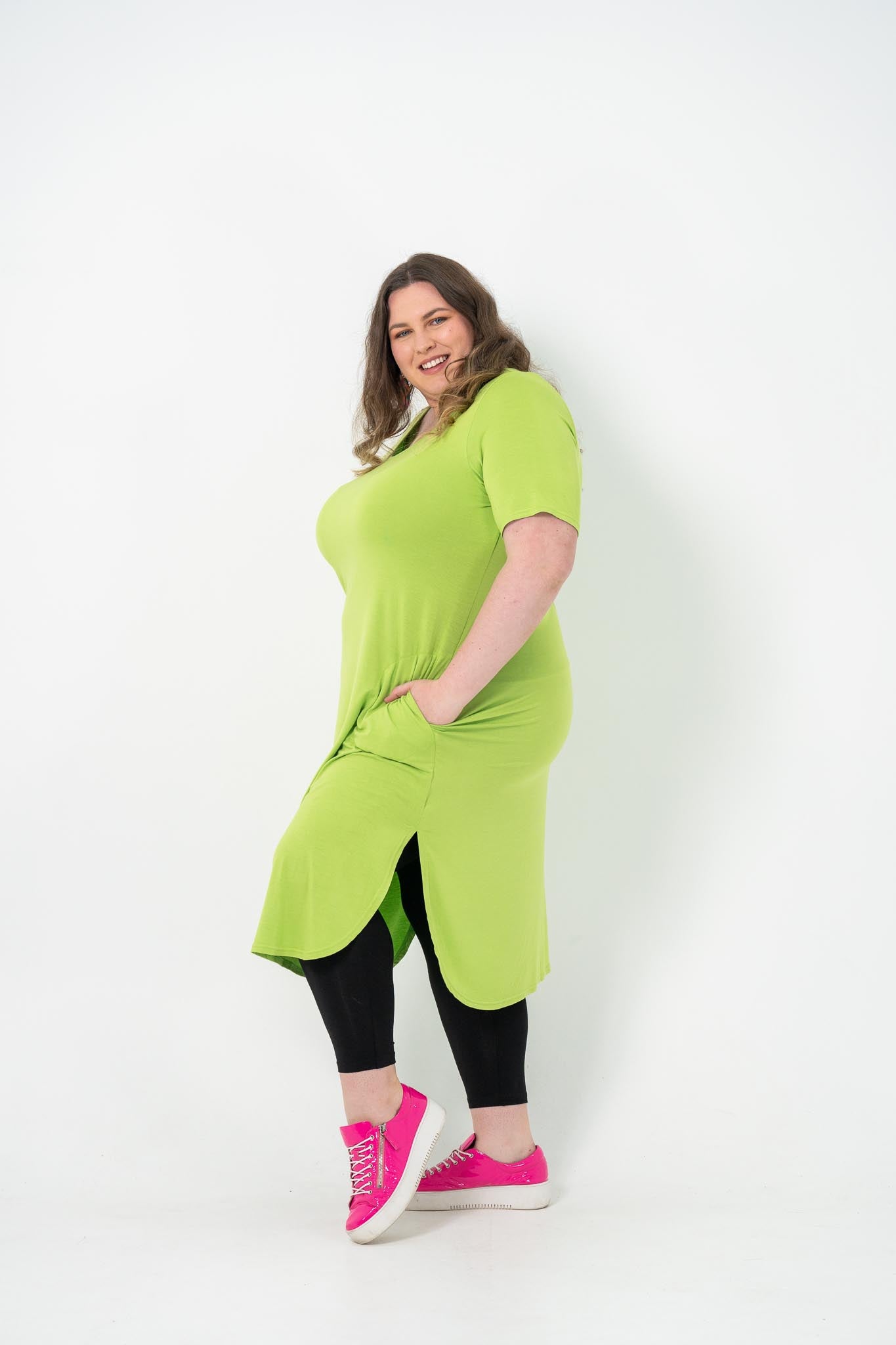 Plus size 'Alana' T-Shirt Dress in bright lime, featuring a classic cut and lightweight design.