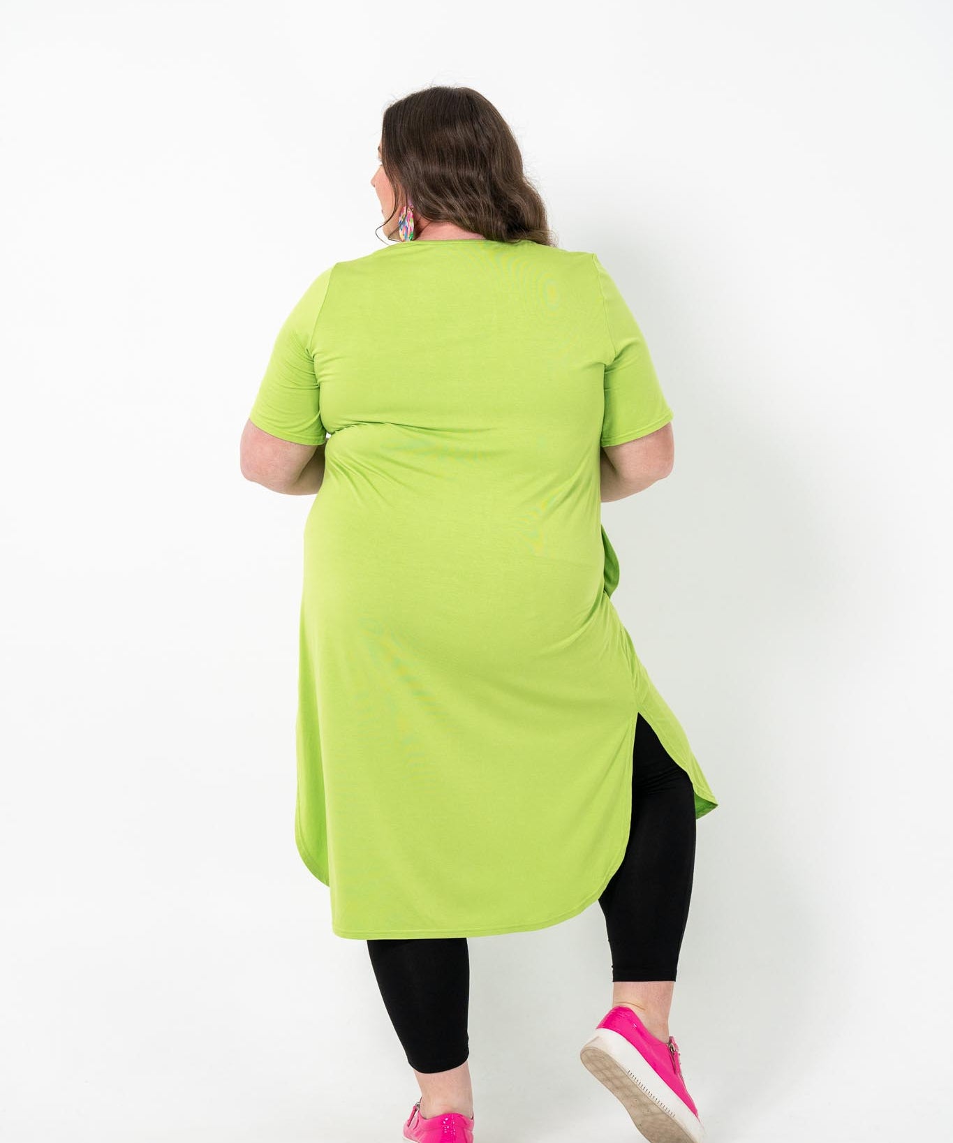 Plus size 'Alana' T-Shirt Dress in bright lime, featuring a classic cut and lightweight design.