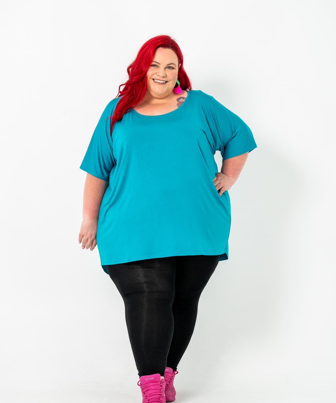 Teal oversized Rayon Box Top, soft and breathable, perfect for layering in plus size women's clothing.