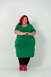 Plus size 'Alana' T-shirt dress in green, featuring a lightweight and breathable design for everyday comfort and classic style.