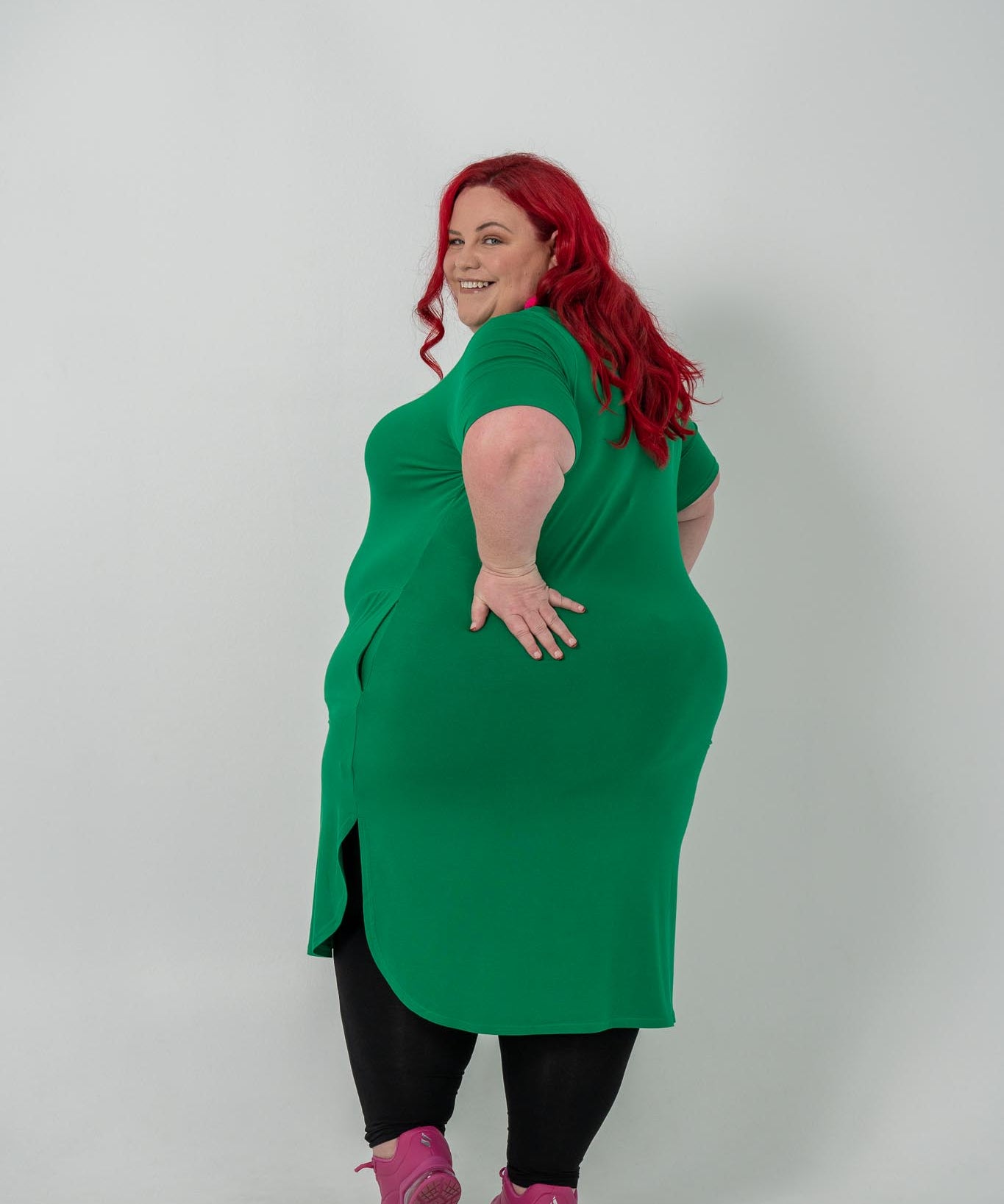 Plus size 'Alana' T-shirt dress in green, featuring a lightweight and breathable design for everyday comfort and classic style.